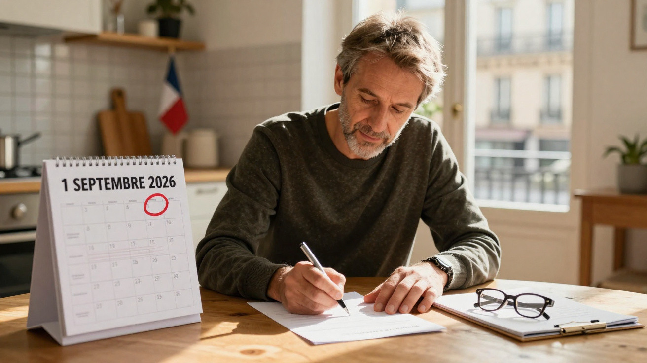 Homem a escrever documentos numa mesa junto a um calendário marcado a 1 de setembro de 2026 numa casa iluminada.
