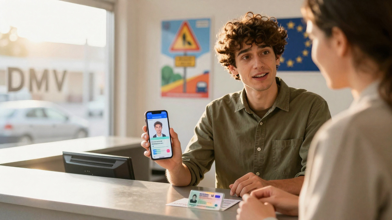 Homem mostra carta de condução digital num smartphone a uma funcionária num balcão do DMV.