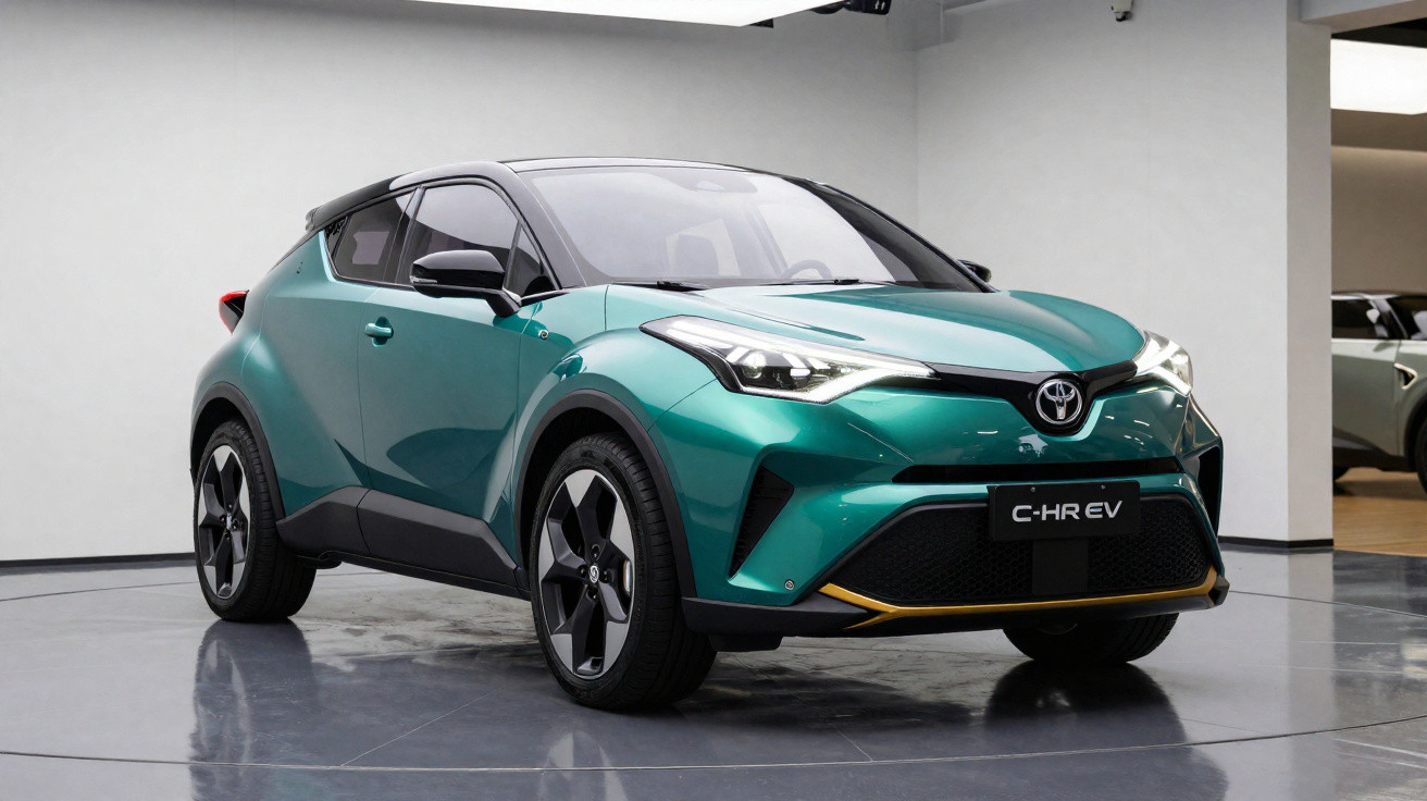 Carro SUV elétrico Toyota C-HR EV verde com teto preto em exibição numa sala branca moderna.