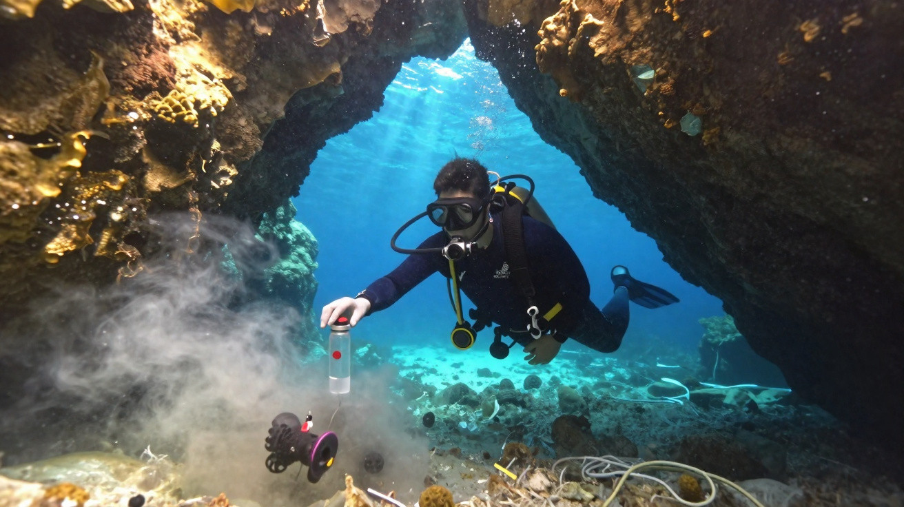 Mergulhador a recolher amostra de água no fundo do mar dentro de uma gruta subaquática.