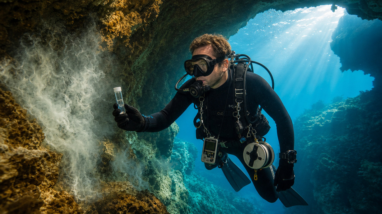 Mergulhador a recolher amostra de sedimentos numa gruta subaquática com luz a penetrar na água.
