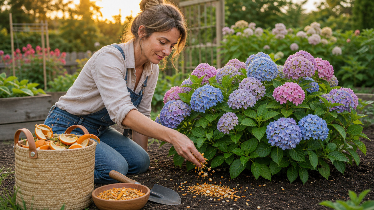 Mulher a alimentar plantas com cascas de laranja num jardim ao pôr do sol.