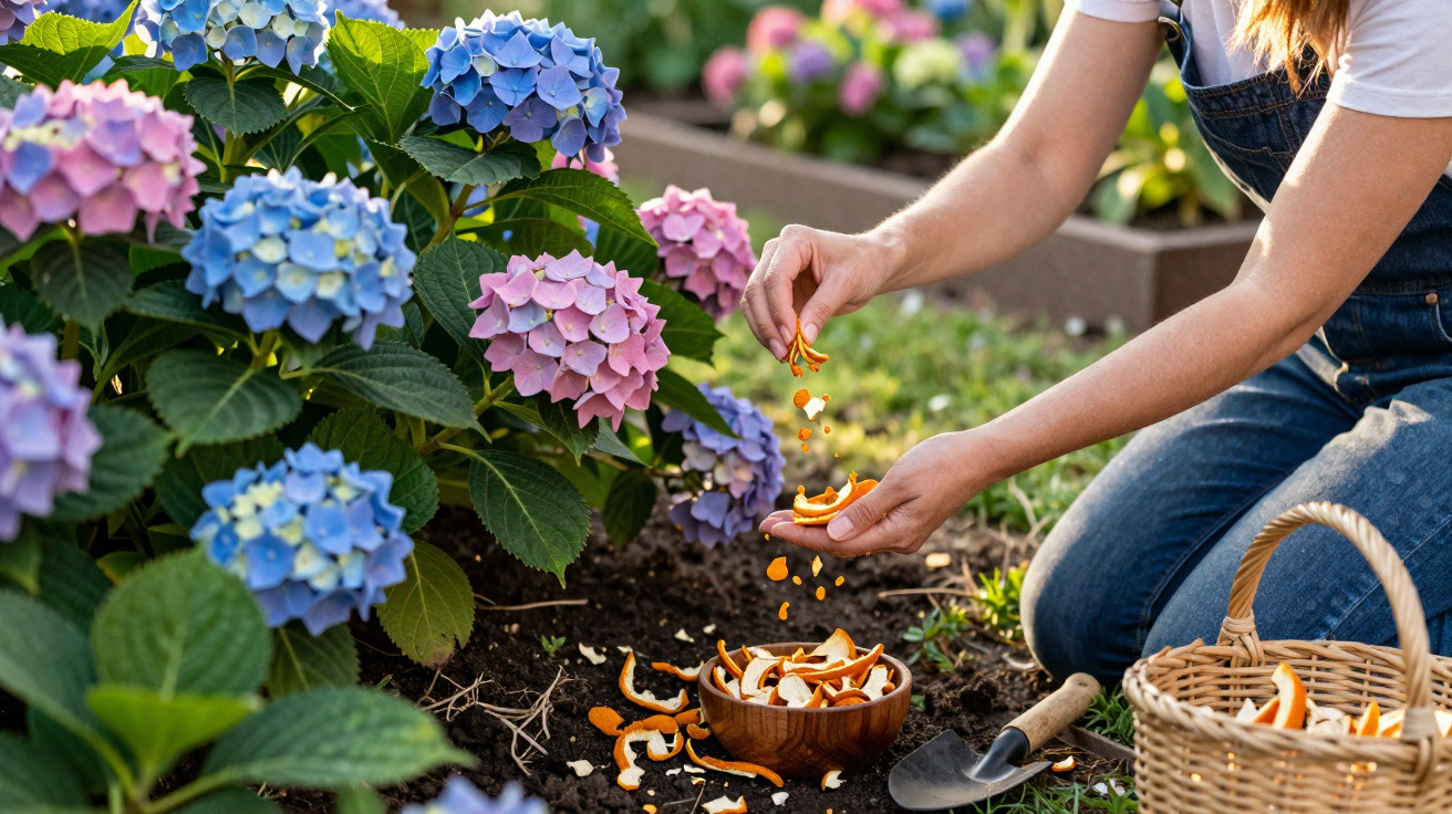 Pessoa a fazer composto orgânico com cascas de laranja junto a hortênsias coloridas num jardim.