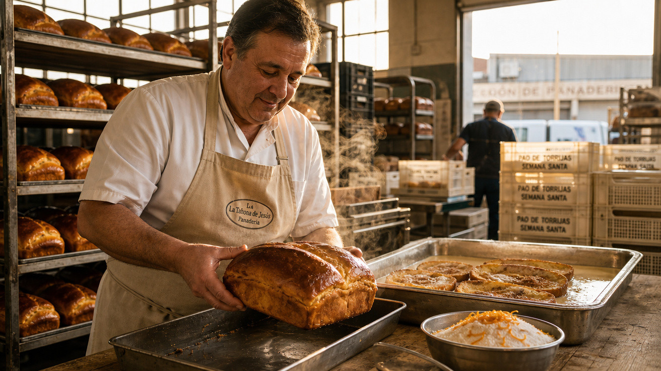Homem com avental retira pão acabado de cozer num forno de padaria tradicional.