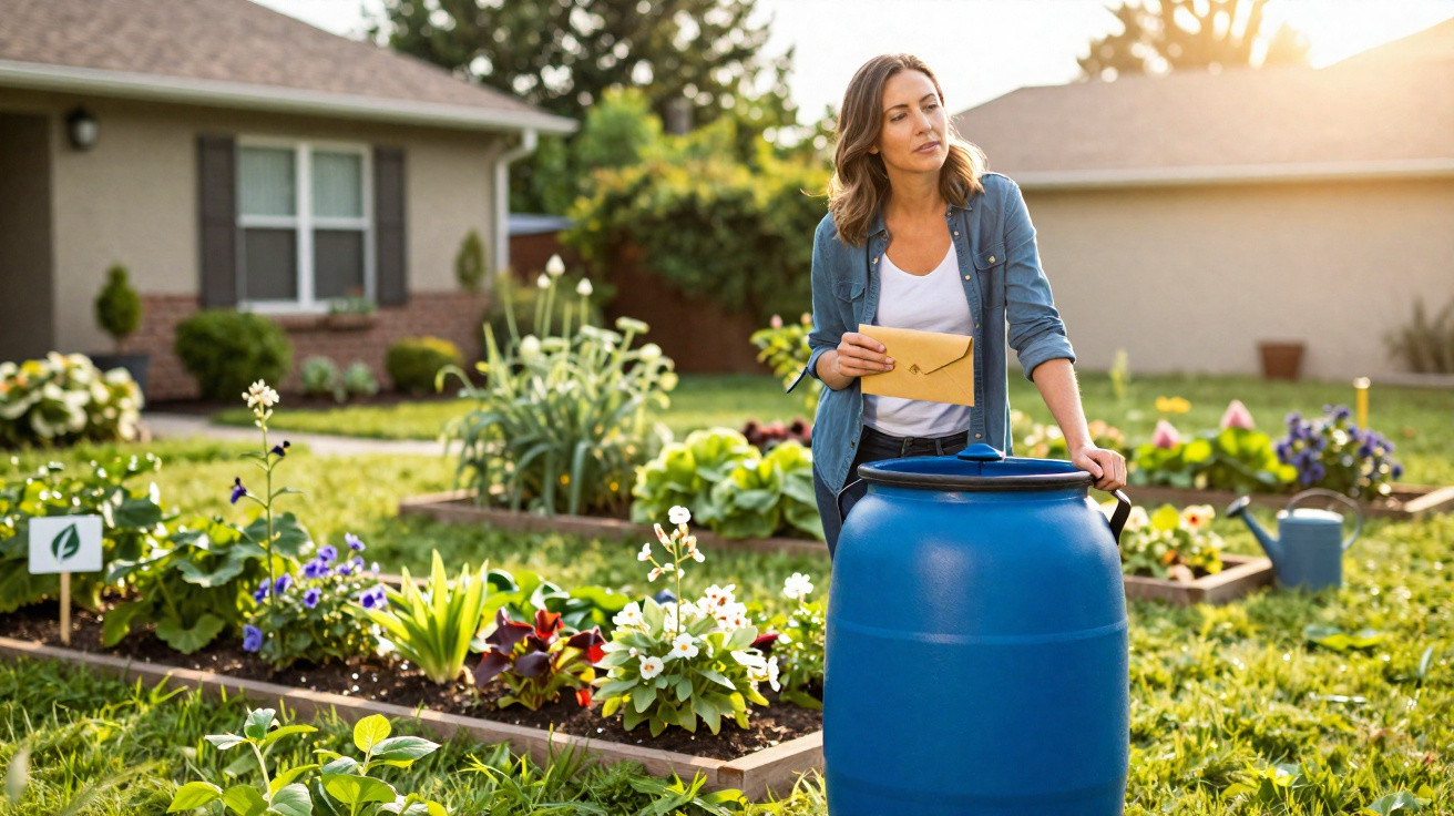 Mulher segurando envelope junto a um barril azul num jardim com flores e plantas, ao fim da tarde.