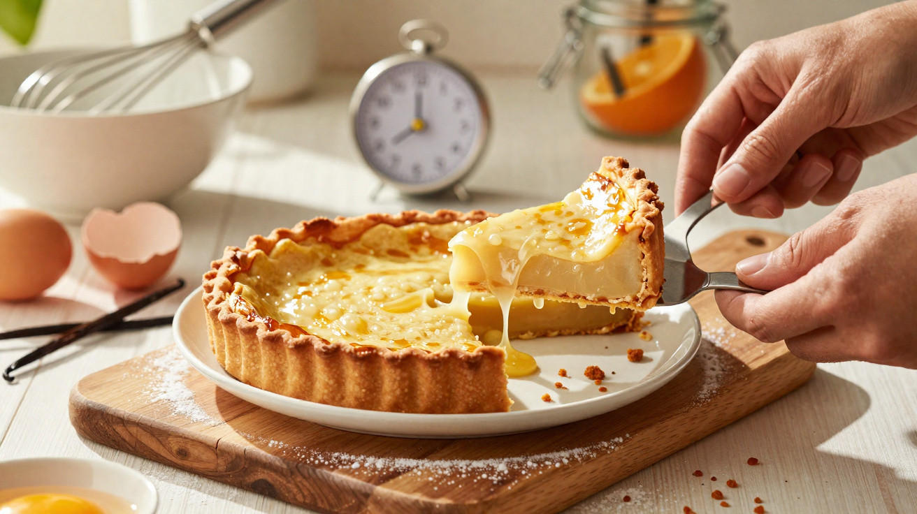 Tarte de limão com recheio cremoso e cobertura brilhante, sendo servida numa mesa de madeira.
