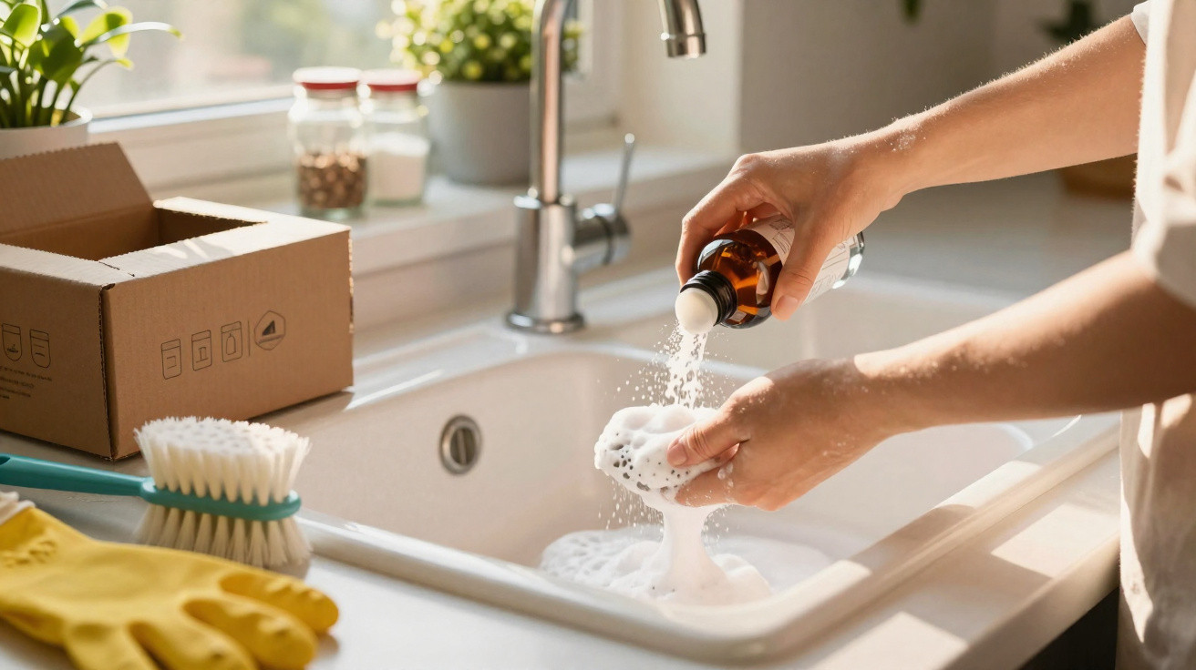 Pessoa a lavar esponja com detergente líquido num lava-loiça branco numa cozinha iluminada.