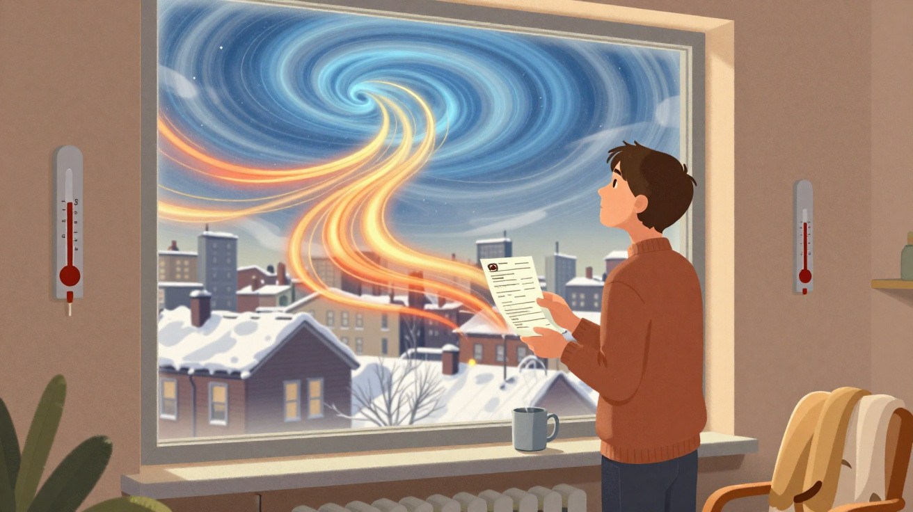 Pessoa em casa a olhar para um céu estrelado com espiral luminosa, neve e termómetros a mostrar frio.