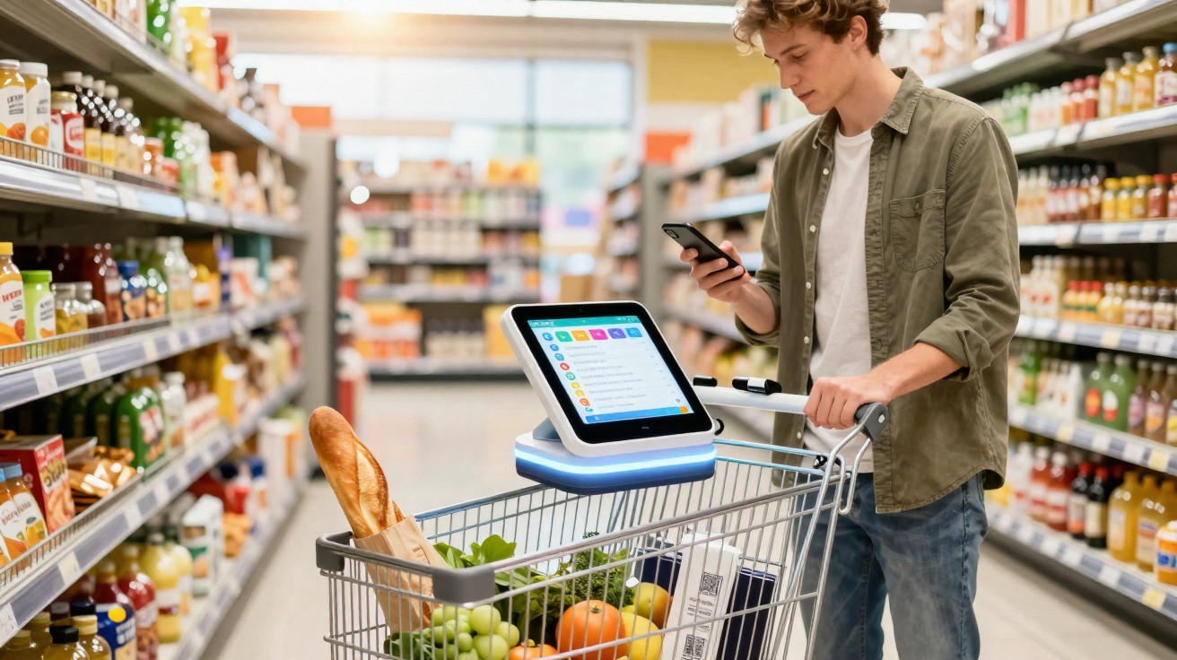 Jovem no supermercado a usar telemóvel e carrinho com ecrã digital cheio de frutas e legumes.
