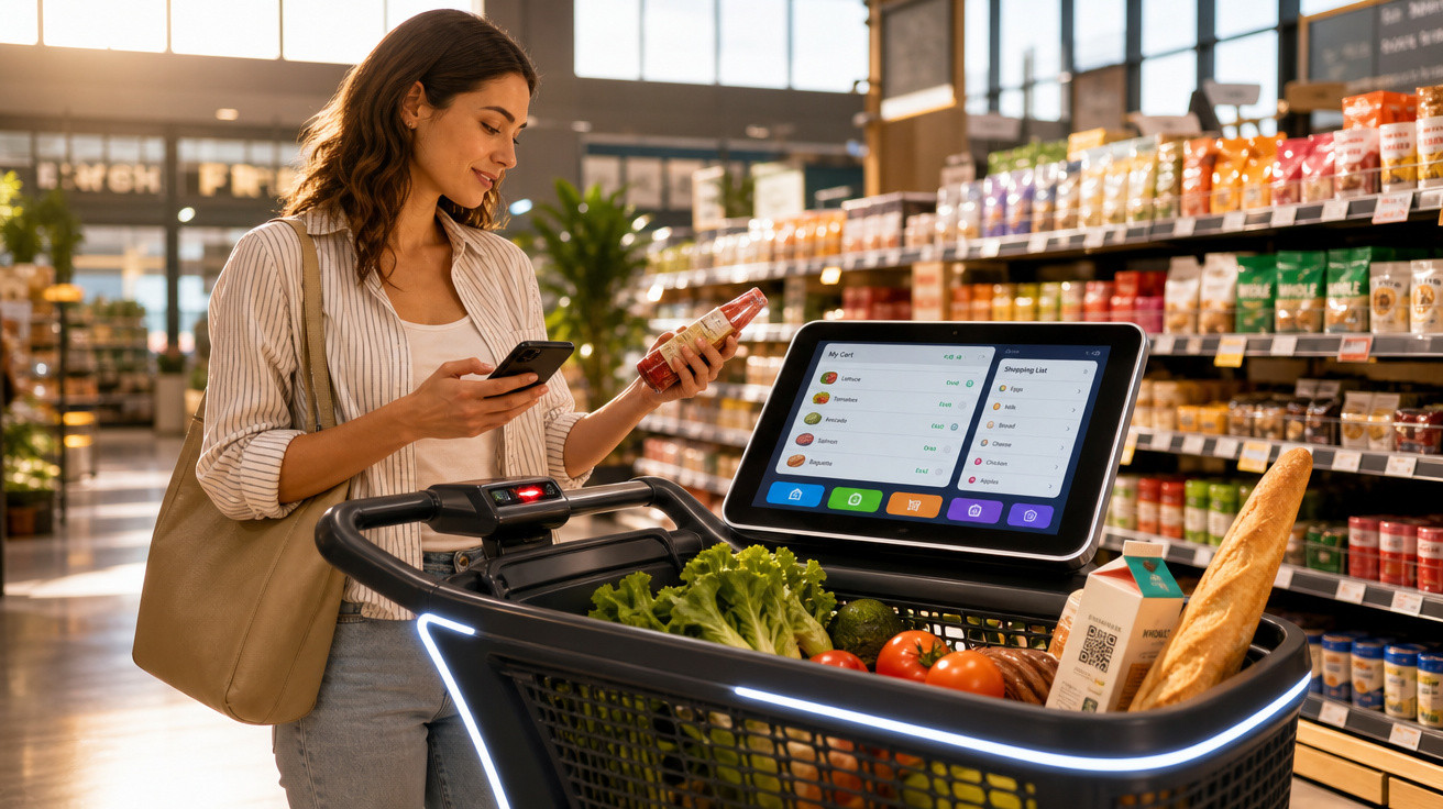 Mulher a fazer compras num supermercado com carrinho inteligente e a consultar o telemóvel.