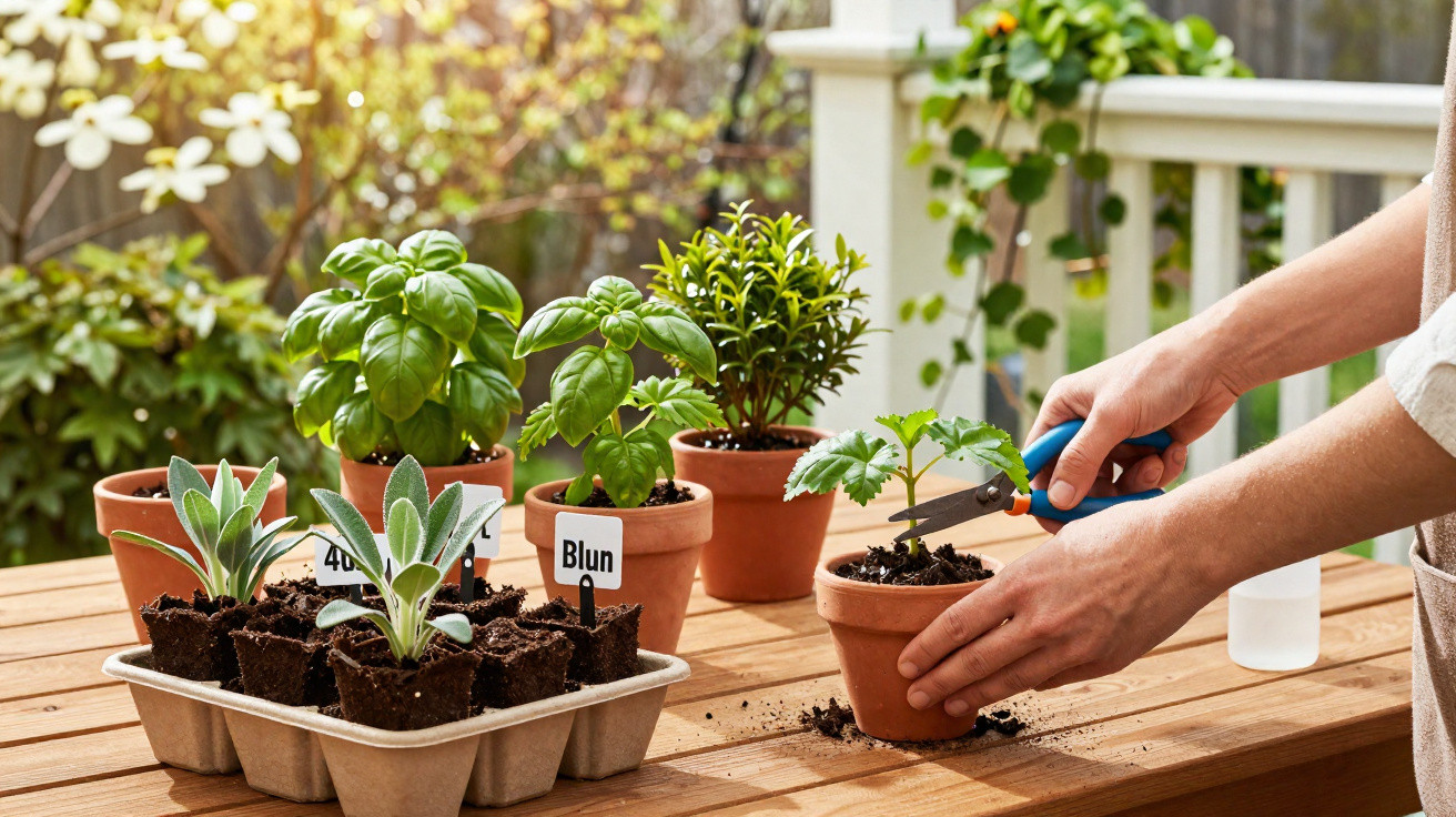 Pessoa a podar planta em vaso de barro numa varanda com várias plantas e ervas aromáticas ao sol.