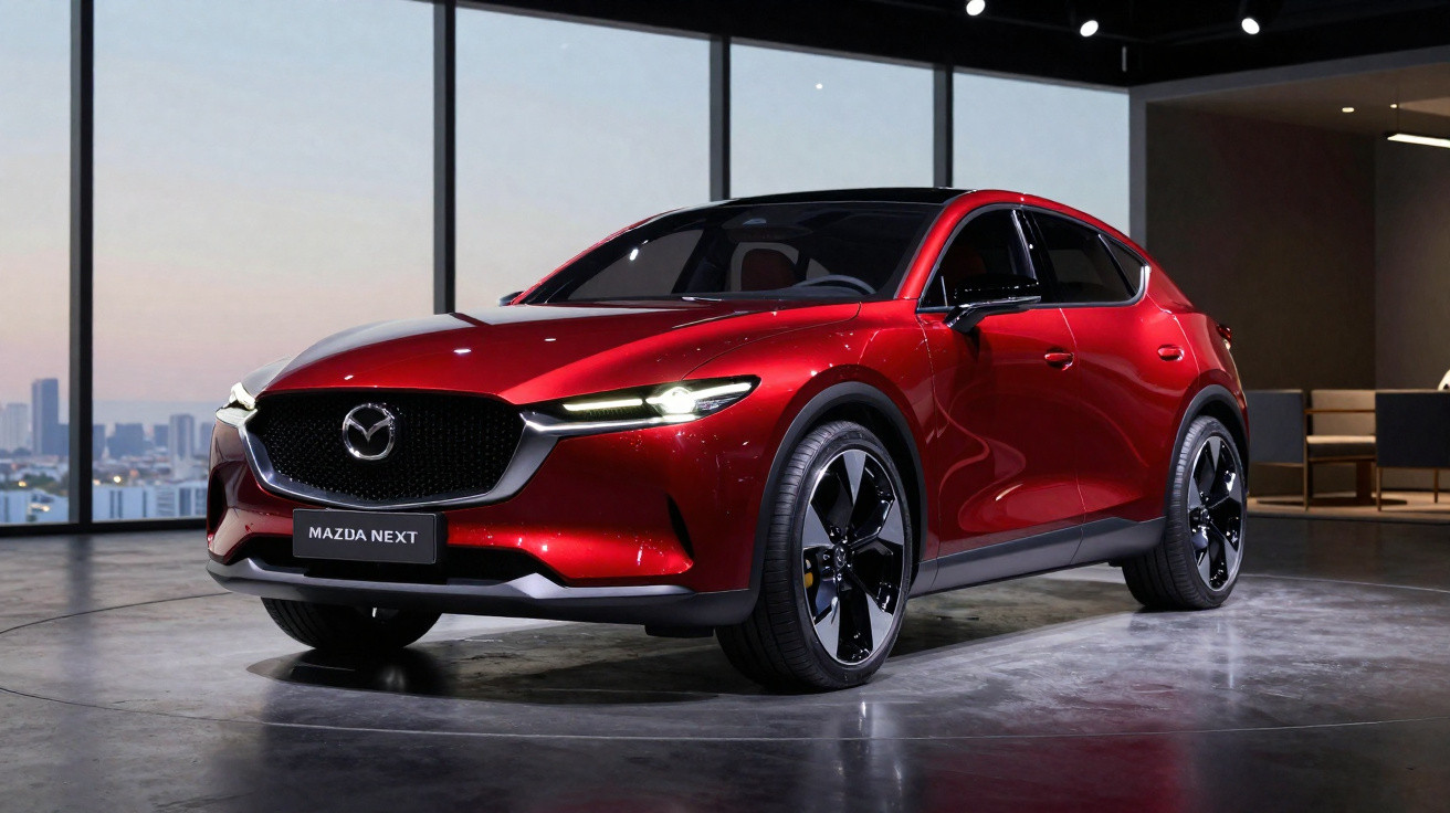 Carro elétrico vermelho Mazda Next estacionado em espaço interior com luz natural e vista urbana ao fundo.
