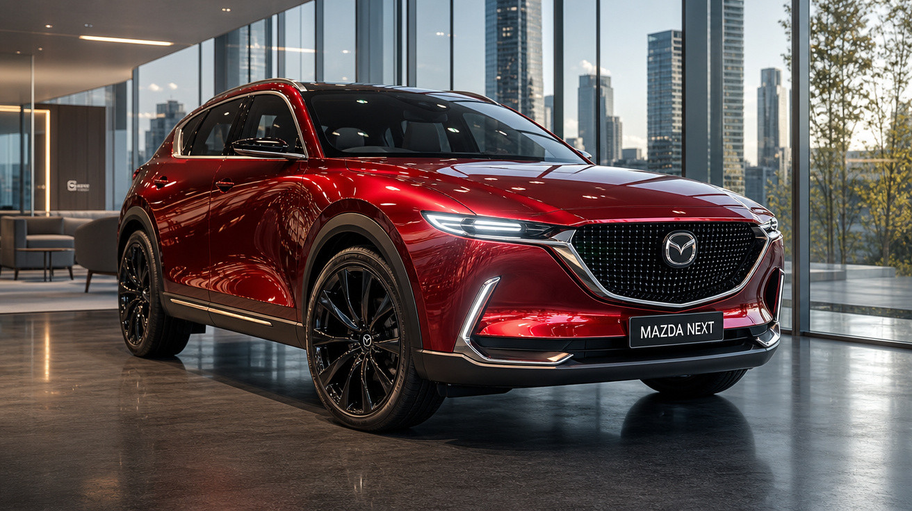 Carro Mazda Next vermelho brilhante estacionado num salão moderno com janelas amplas e vista urbana.
