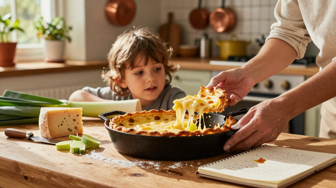 Criança a observar fatia de tarte de queijo derretido a ser servida numa cozinha acolhedora.