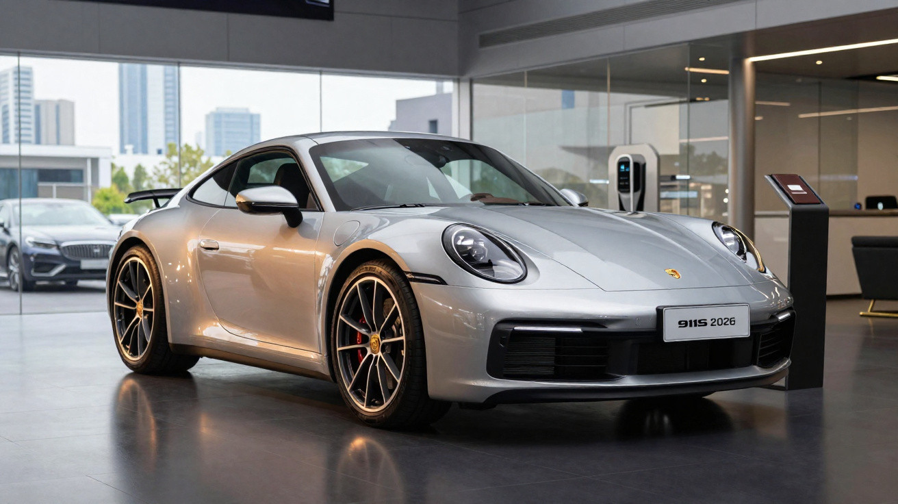 Carro desportivo prateado Porsche 911S 2026 em exposição numa sala moderna com chão refletor.