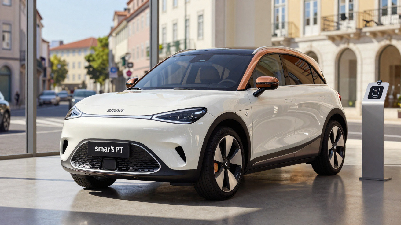 Carro elétrico Smart branco com tejadilho castanho e carregador elétrico numa rua urbana.