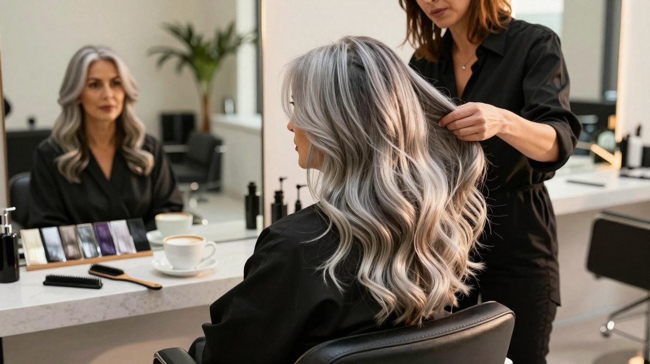 Mulher com cabelo cinzento ondulado a ser penteada por cabeleireira num salão moderno com espelho grande.