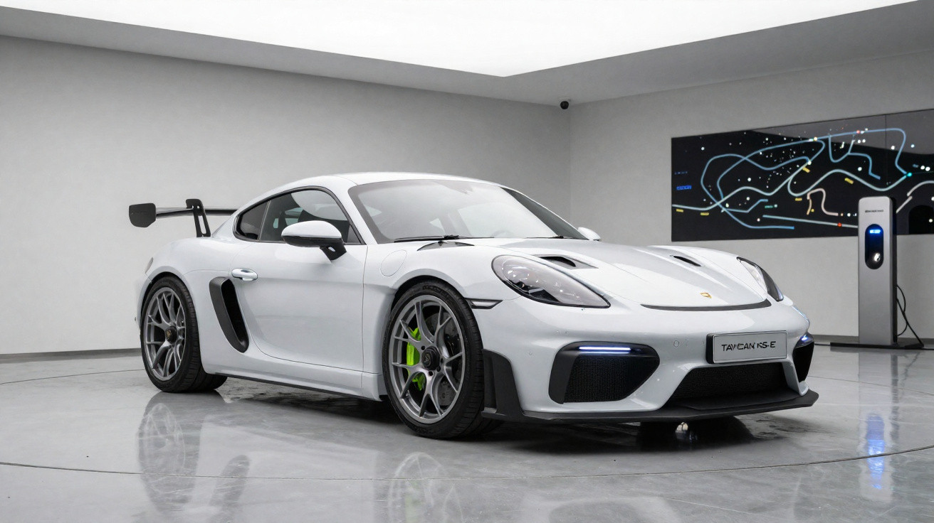 Carro desportivo Porsche Taycan GT4 branco estacionado em chão brilhante num showroom minimalista.