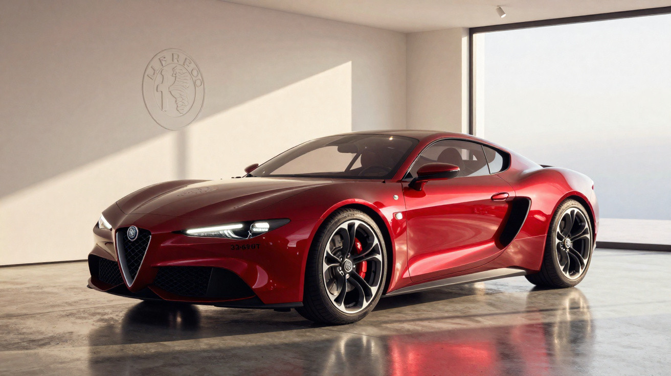 Carro desportivo Alfa Romeo vermelho brilhante estacionado num espaço interior iluminado por luz natural.