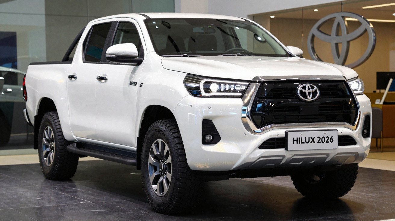 Toyota Hilux 2026 branca, pick-up nova em exposição numa sala moderna de concessionário automóvel.