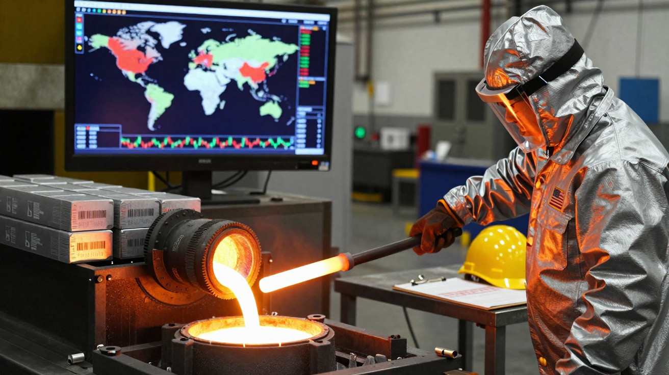 Trabalhador em fato de proteção a fundir metal líquido numa fábrica, com mapa mundial de dados no ecrã ao fundo.