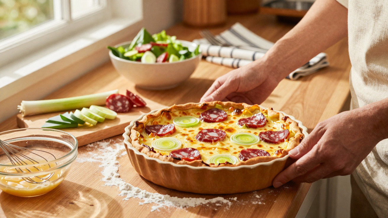 Pessoa a segurar tarte salgada com queijo, chouriço e alho-francês numa cozinha iluminada e arrumada.