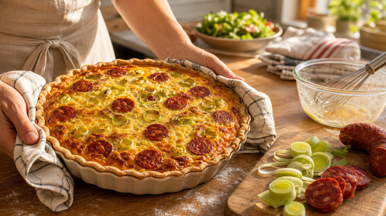 Pessoa a segurar tarte salgado com chouriço e alho-francês numa cozinha iluminada a luz natural.