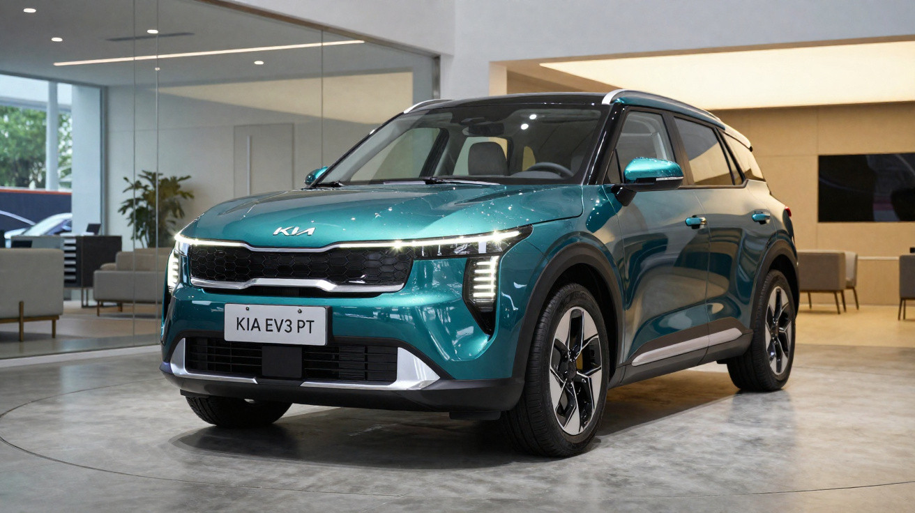 Carro elétrico Kia EV3 verde azul exposto dentro de uma sala moderna e iluminada.