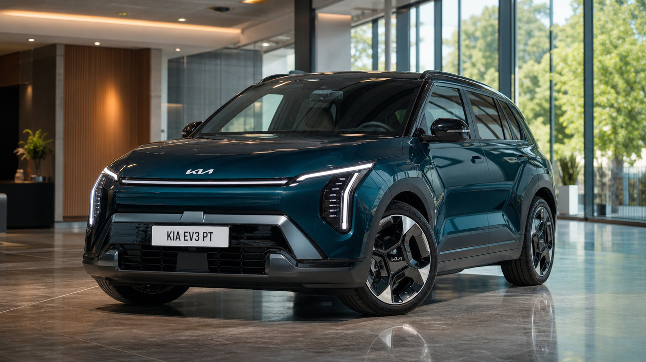 Carro elétrico SUV Kia EV3 verde em showroom moderno com chão de mármore e grandes janelas de vidro.