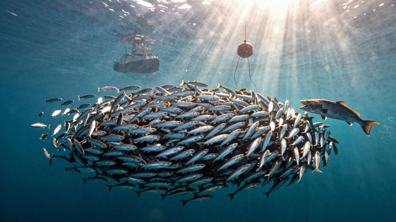 Peixe grande cercado por cardume de peixes pequenos num mar azul com barco ao fundo e luz solar a incidir.