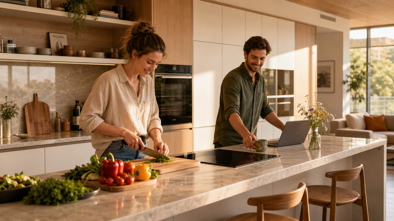 Casal jovem a preparar legumes na cozinha moderna e luminosa com bancada e laptop.