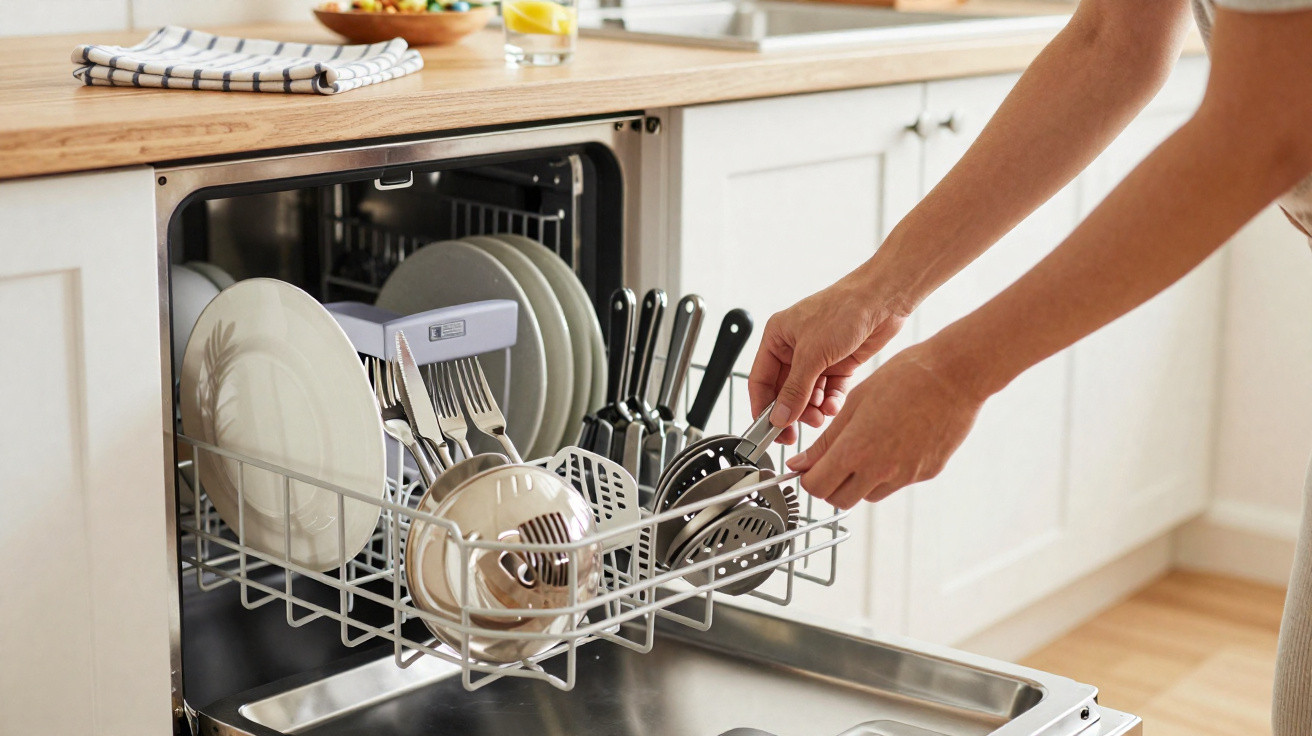 Pessoa a carregar talheres e pratos numa máquina de lavar loiça aberta numa cozinha moderna.