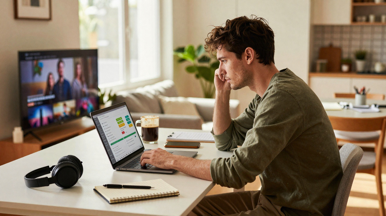 Homem a trabalhar em laptop numa mesa, com auscultadores, caderno e café numa sala iluminada.