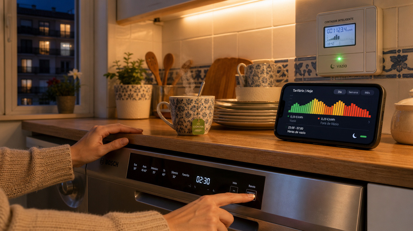 Mãos a usar máquina de lavar loiça com ecrã de economia de energia e copos decorativos numa cozinha moderna.