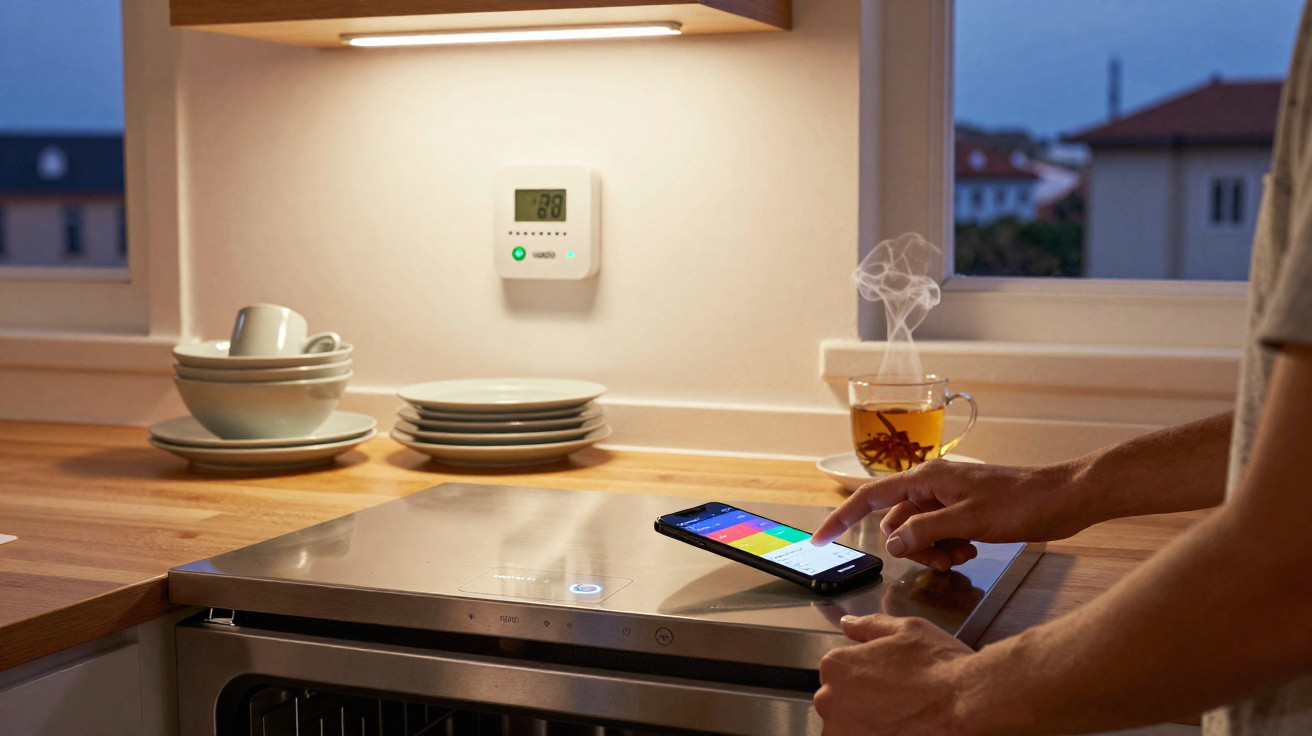 Cozinha moderna com termostato inteligente, chá a vapor e pessoa a controlar smartphone sobre bancada de madeira.