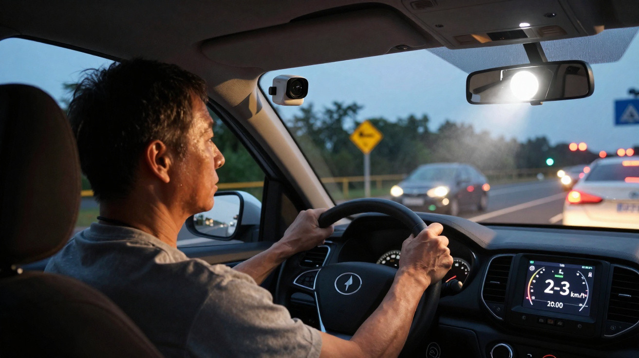 Homem a conduzir um carro ao entardecer numa estrada com trânsito e painel digital visível no tablier.