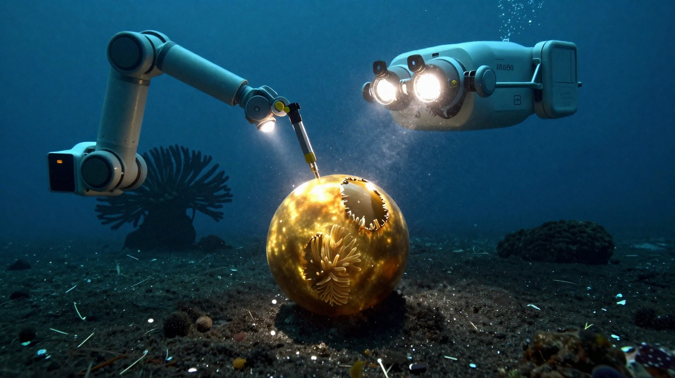 Robô submarino com braços mecânicos a examinar uma esfera dourada iluminada no fundo do mar.