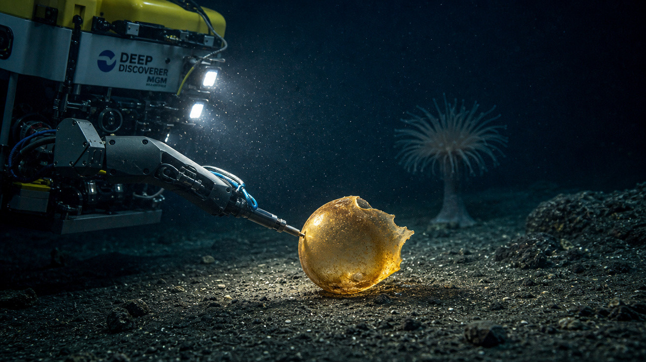 Veículo subaquático com luzes e braço mecânico tocando uma esponja marinha dourada no fundo do oceano.