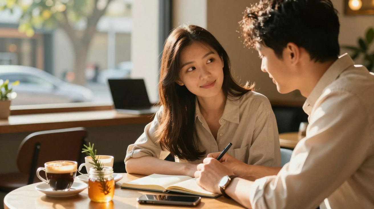 Duas pessoas sentadas à mesa de um café, conversando com um caderno aberto e bebidas à frente.