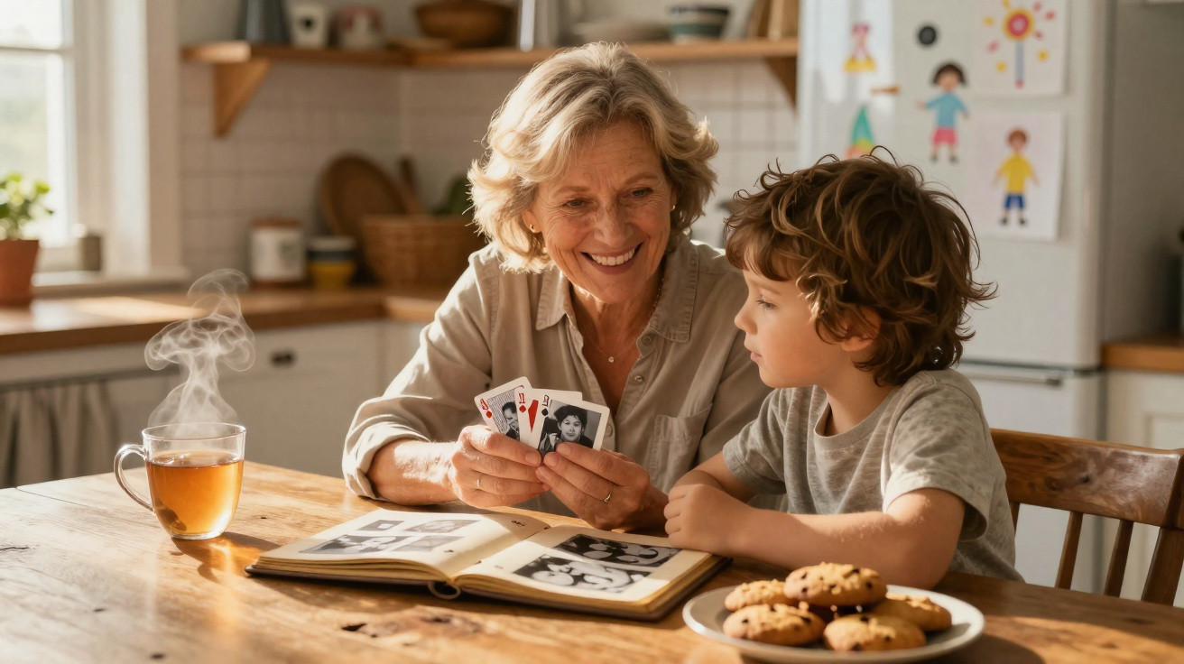 Avó e neto sentados à mesa da cozinha a jogar cartas, com álbum de fotografias e chá quente.
