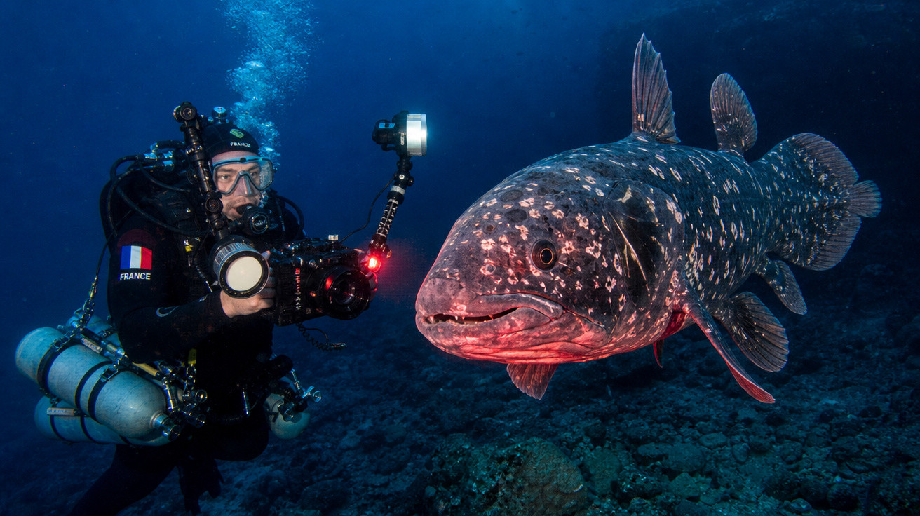 Mergulhador francês a fotografar um grande peixe-groto no fundo do oceano.