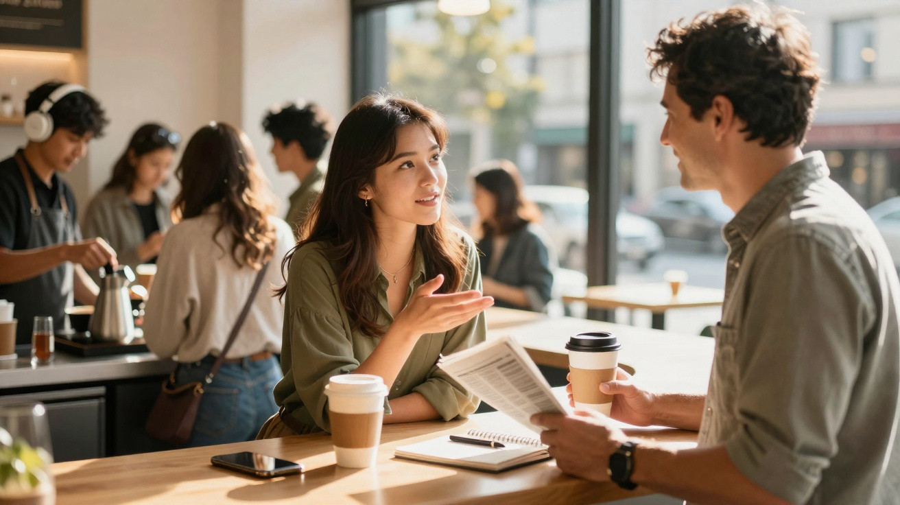 Duas pessoas conversam com cafés na mão num café movimentado e iluminado pela luz natural.