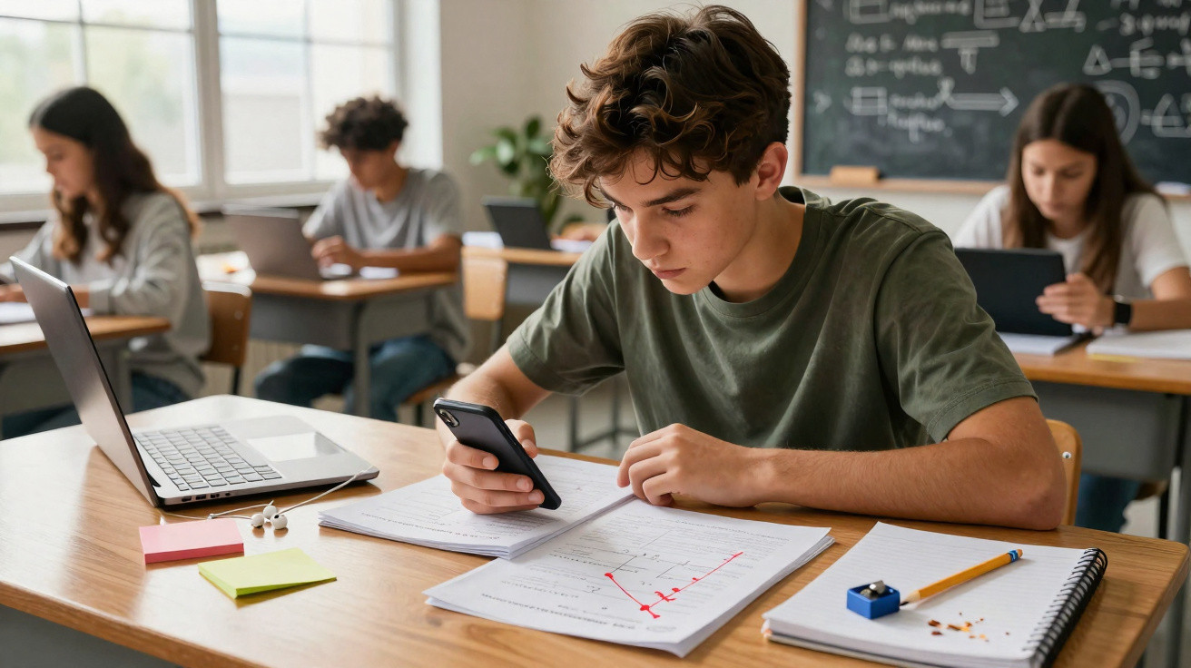 Aluno rapaz consulta telemóvel enquanto estuda gráficos matemáticos numa sala de aula com outros estudantes ao fundo.