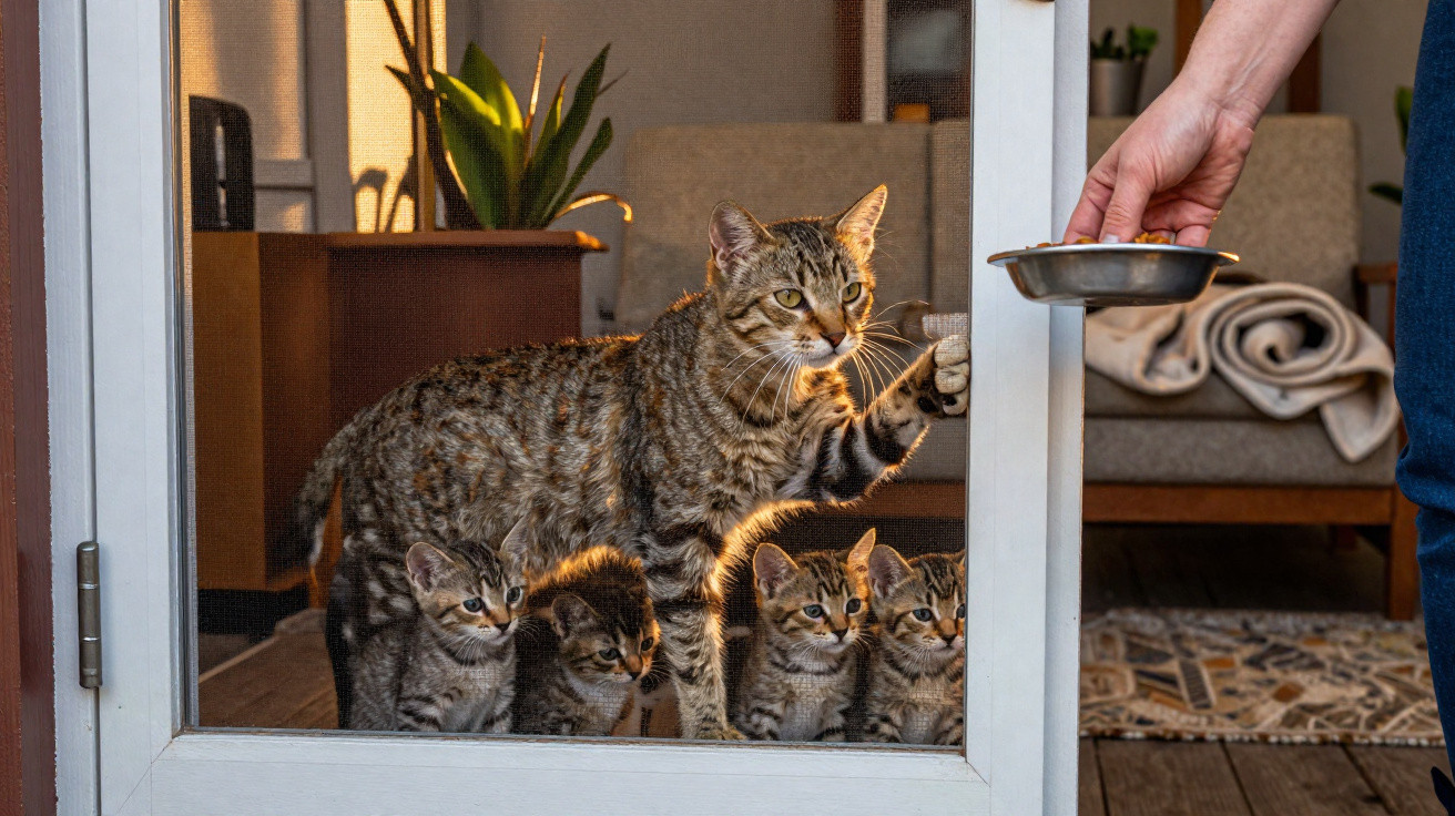 Gato adulto e quatro gatinhos no interior, a olhar para uma mão que segura um prato com comida.