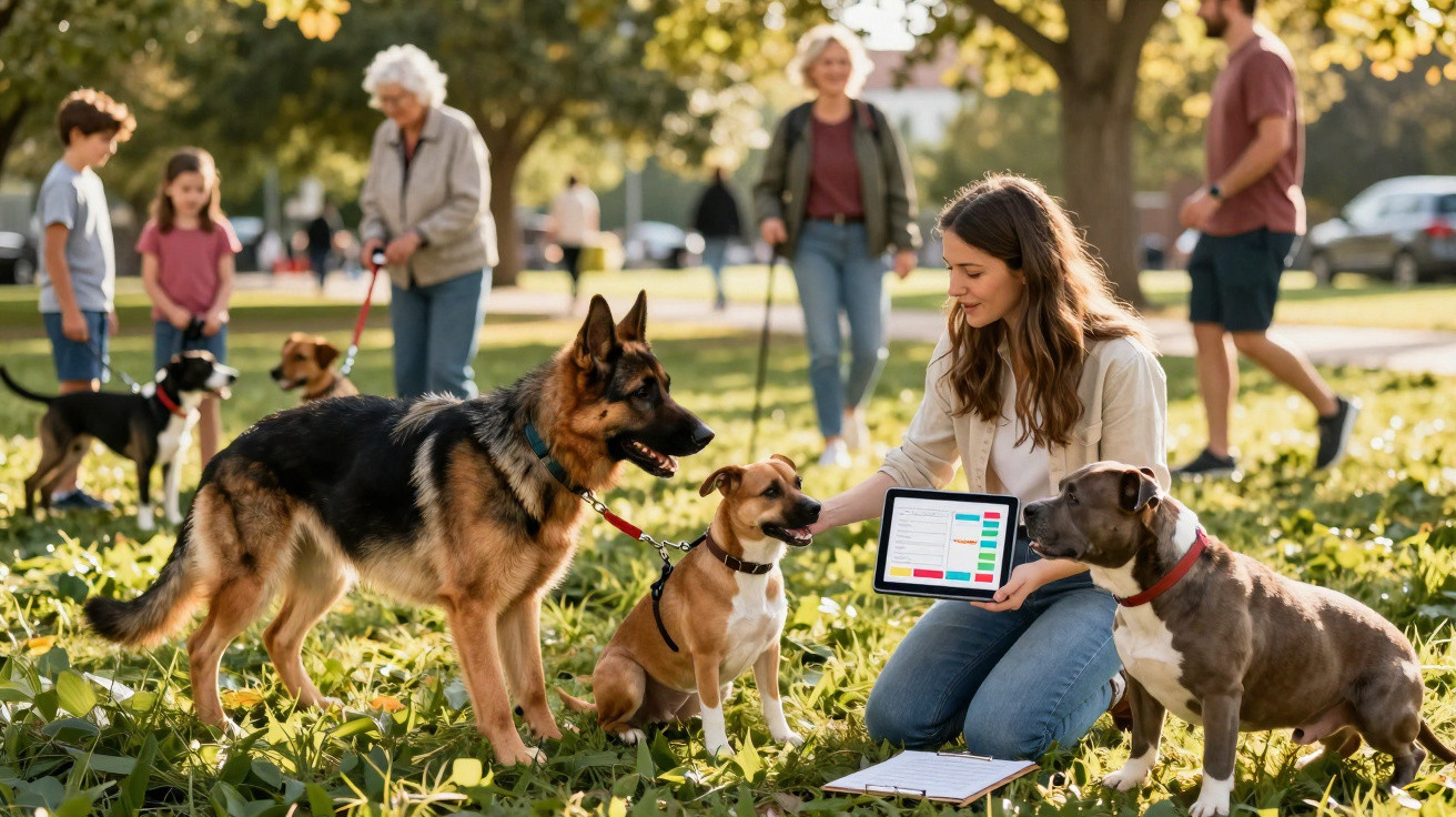 Mulher com tablet sentada na relva, rodeada por três cães grandes num parque com outras pessoas e cães ao fundo.