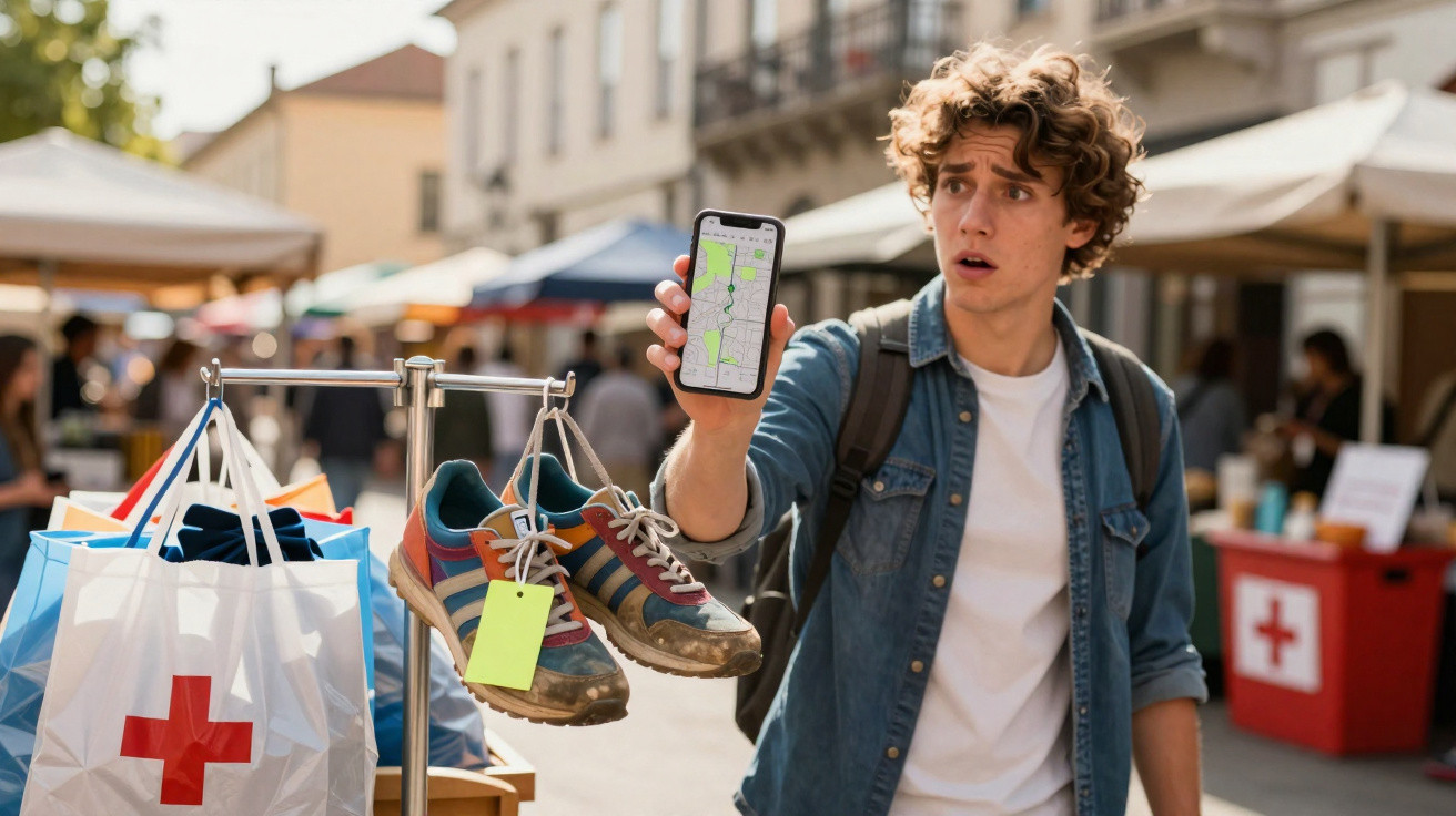 Jovem com mochila mostra mapa no telemóvel enquanto olha para uns ténis usados à venda numa feira ao ar livre.