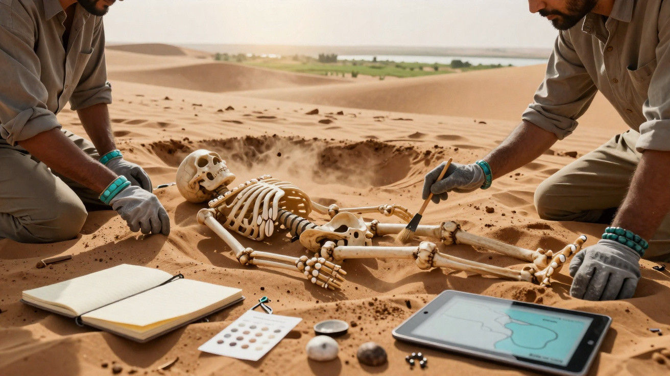 Dois arqueólogos desenterram e estudam um esqueleto humano num deserto com ferramentas e tablets.