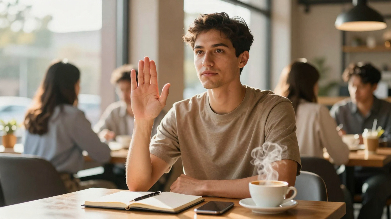 Jovem sentado numa mesa de café levanta a mão, com caderno, telemóvel e chá quente em frente.