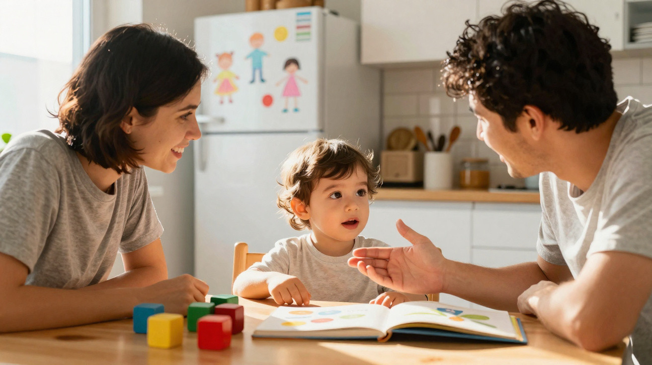 Família com mãe, pai e filho pequeno a brincar e aprender com livros e blocos coloridos numa cozinha iluminada.