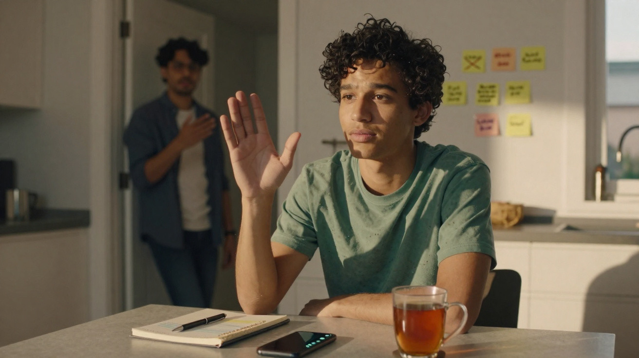 Jovem sentado à mesa com mão levantada, notebook, caneta e chá, homem ao fundo na cozinha.